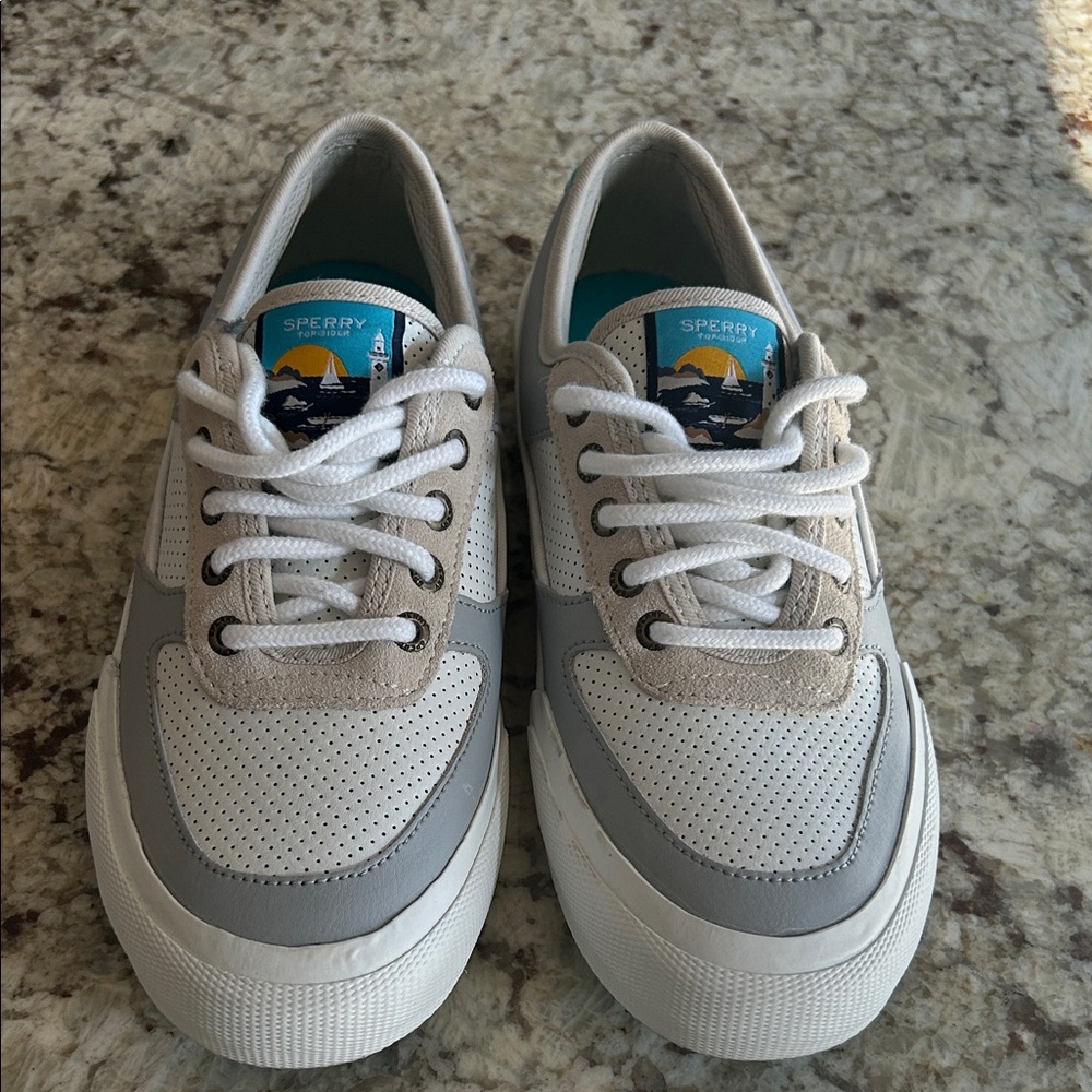 Sperry White & Light Gray Perforated Low-Top Sneakers